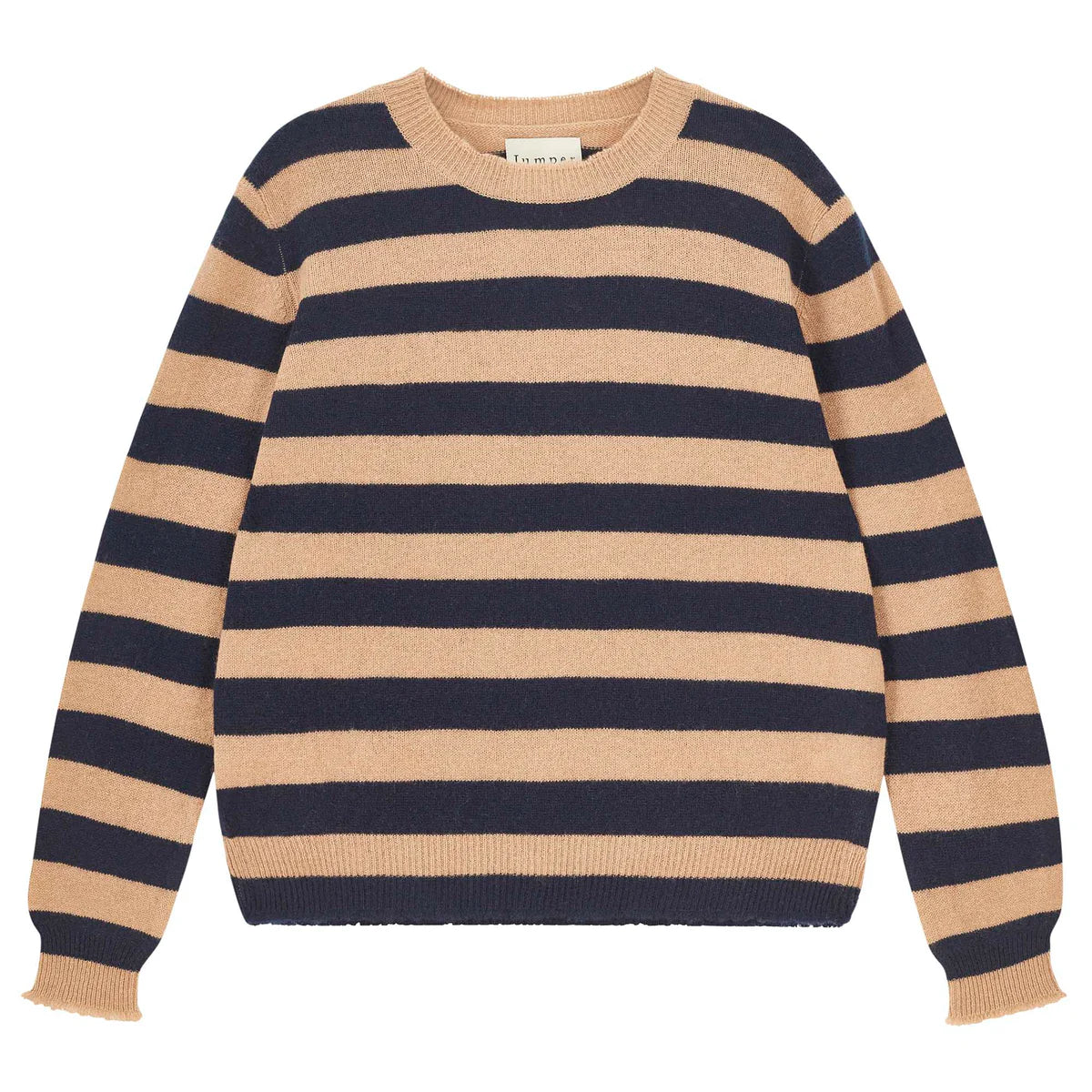 Cashmere Stripe Distressed Crew - Camel and Navy
