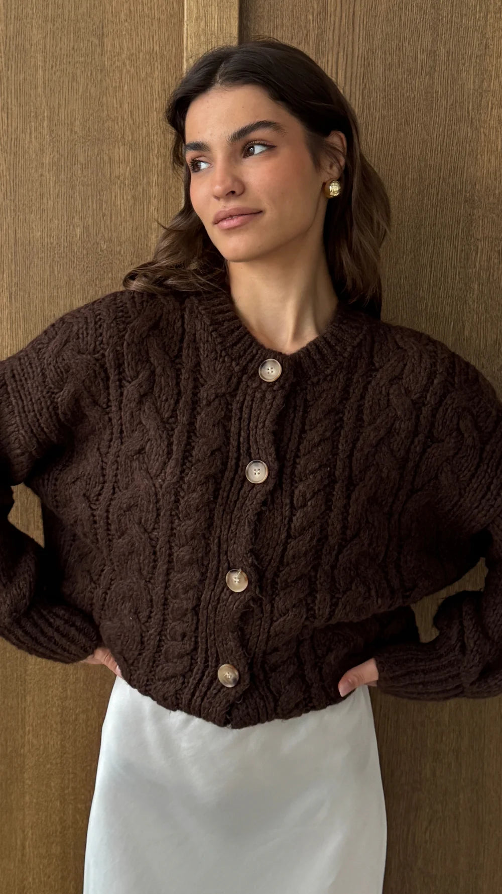 Charli Evie Cable Knit Cardigan - Brown