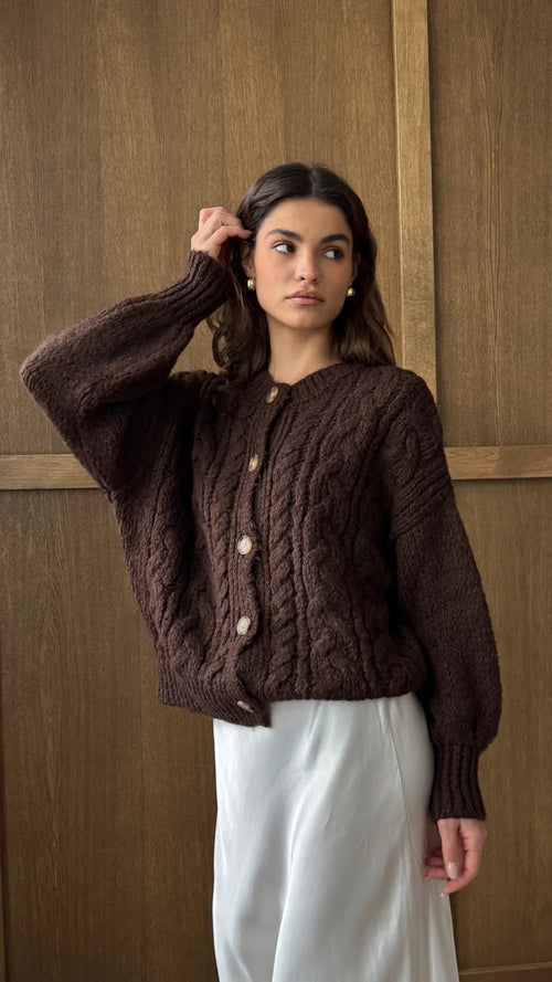Charli Evie Cable Knit Cardigan - Brown