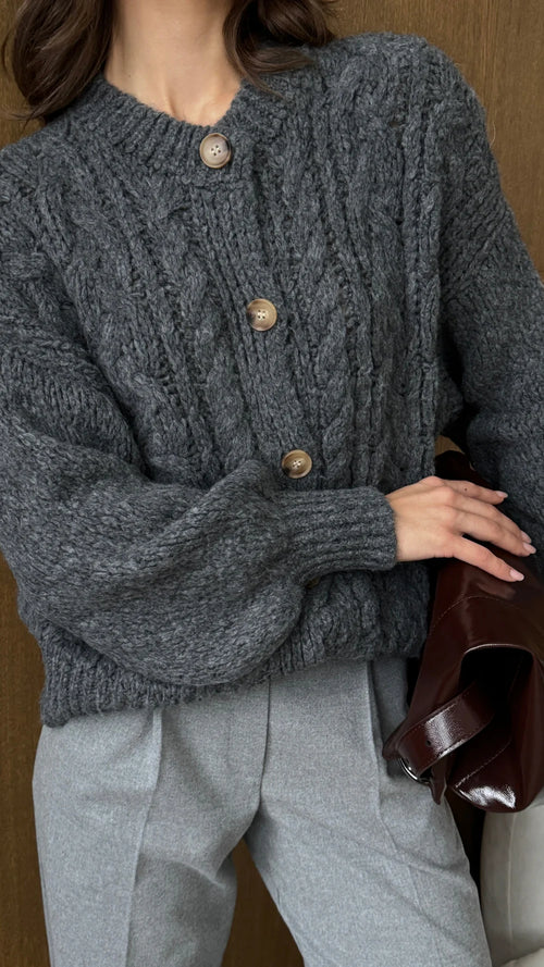 Charli Evie Cable Knit Cardigan - Grey