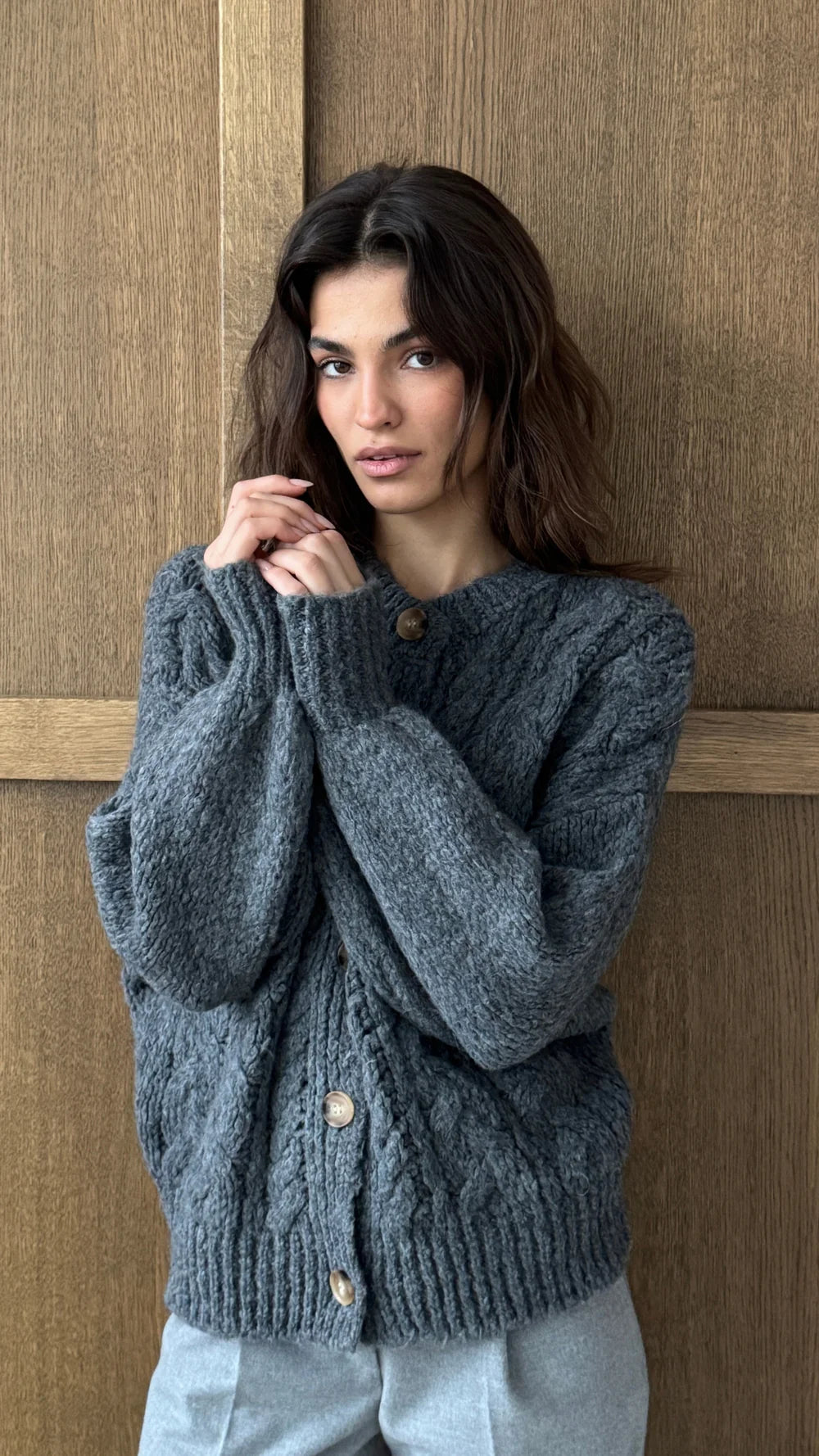 Charli Evie Cable Knit Cardigan - Grey