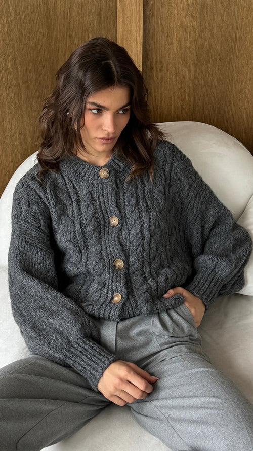 Charli Evie Cable Knit Cardigan - Grey