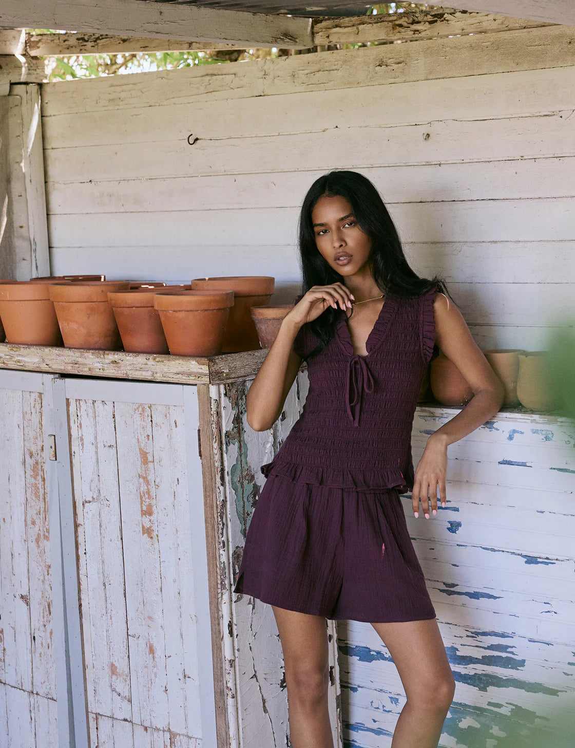 Nobody's Child Aven V Neck Shirred Top - Purple