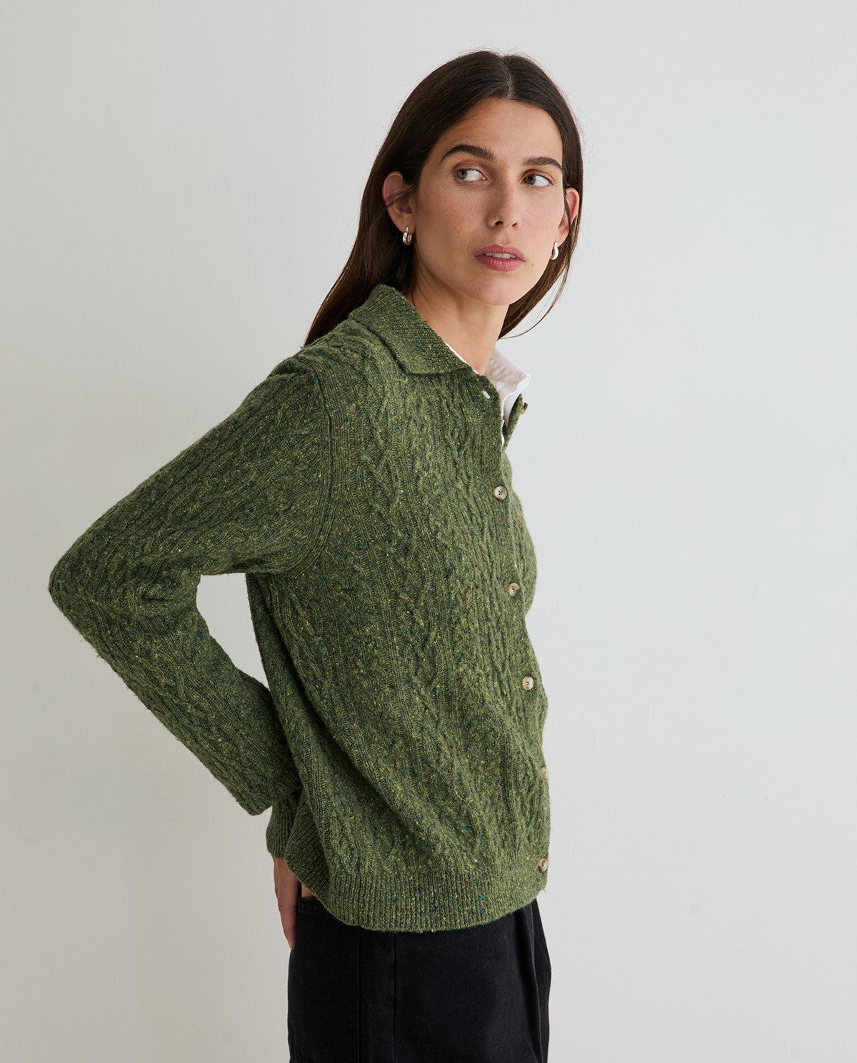 Yerse Tweed Wool Cardigan - Green