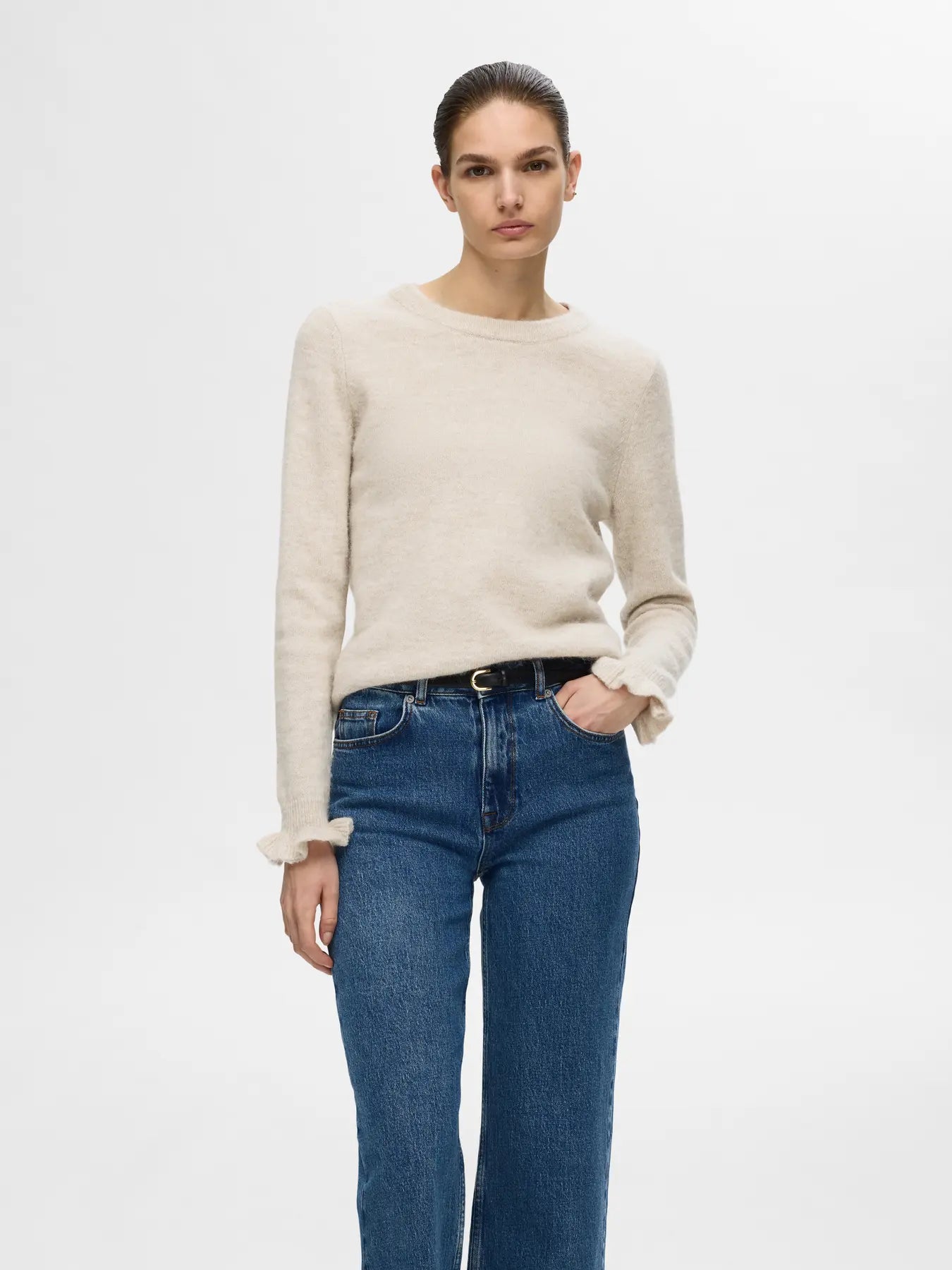 Selected Femme Lulu Frill Cuff Jumper - Birch