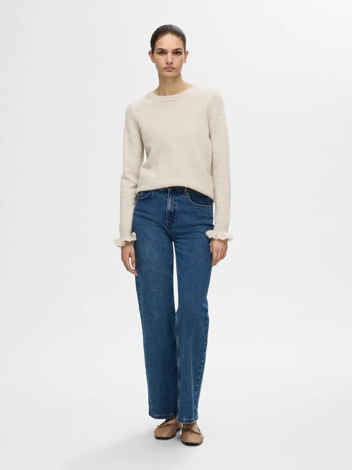 Selected Femme Lulu Frill Cuff Jumper - Birch