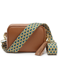 Elie Beaumont Crossbody Bag - Dark Tan + Teal Peacock Strap