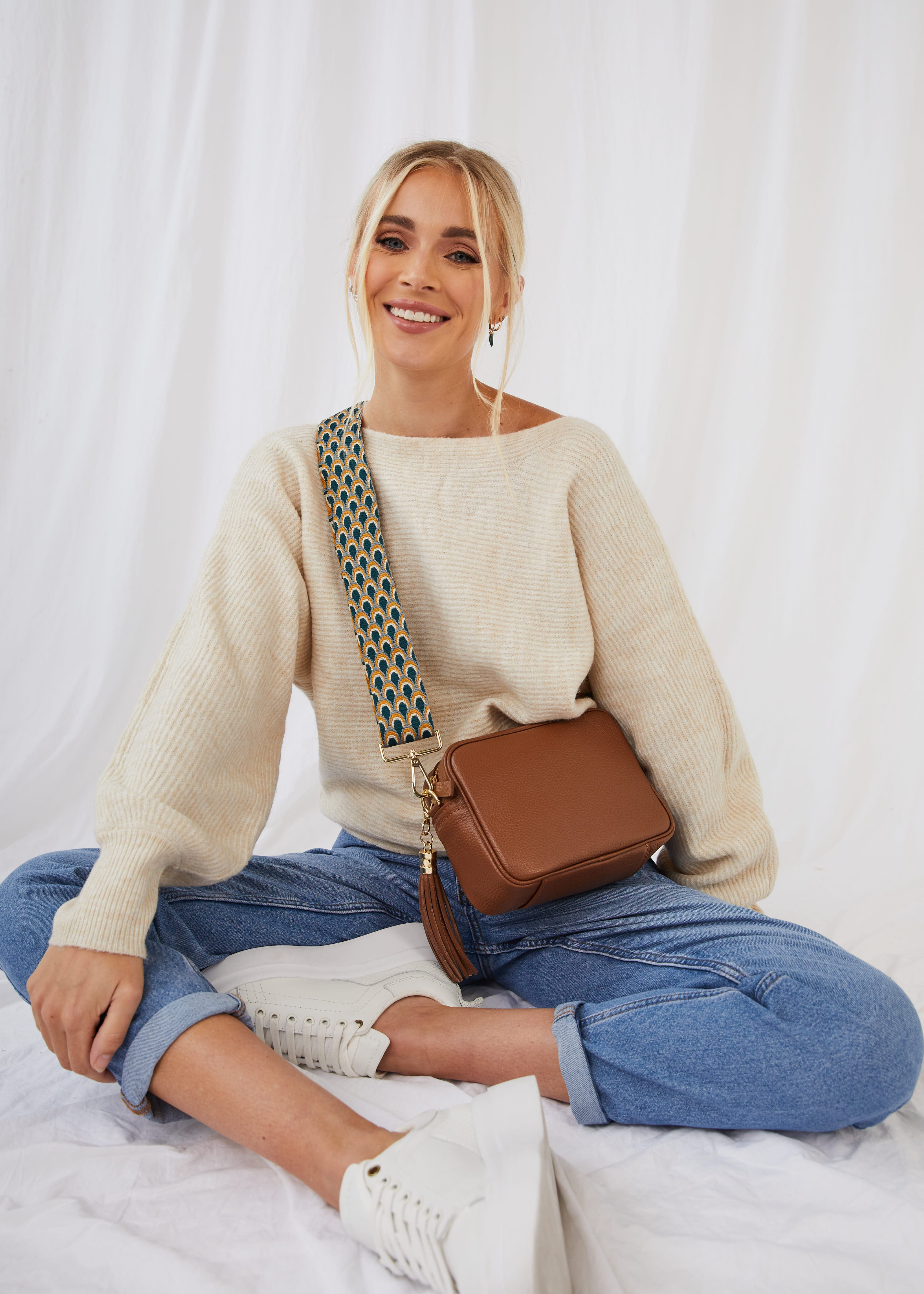 Elie Beaumont Crossbody Bag - Dark Tan + Teal Peacock Strap