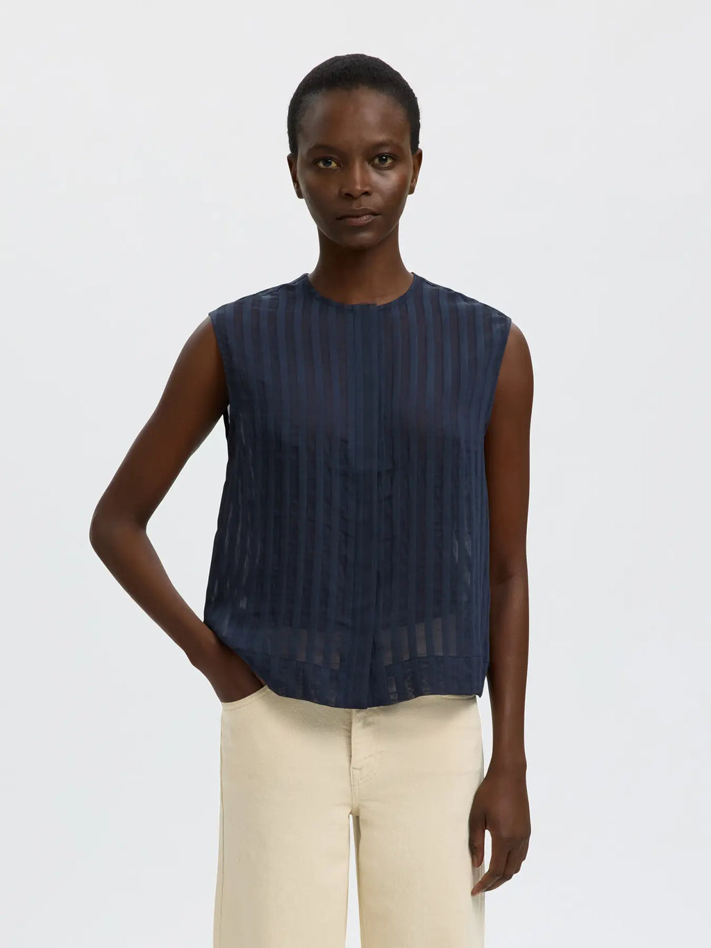 Selected Toran Sheer Striped Blouse - Navy