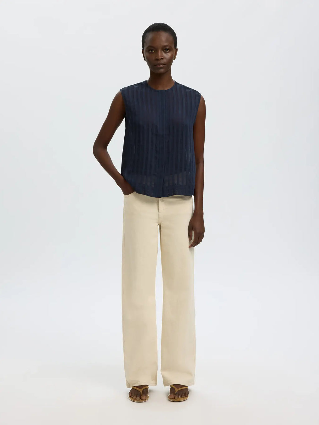 Selected Toran Sheer Striped Blouse - Navy