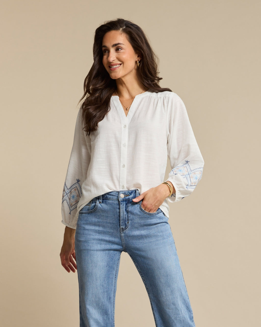 Red Button Blouse & Embroidery - Blue Multi