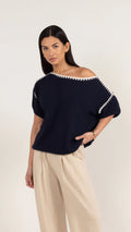 Charli Billie Blanket Stitch Jumper - Navy
