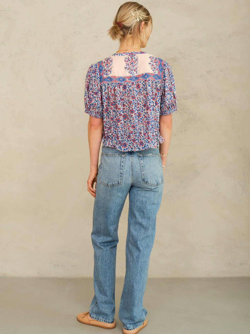 M.A.B.E Della Print Short Sleeve Top - Blue & Pink