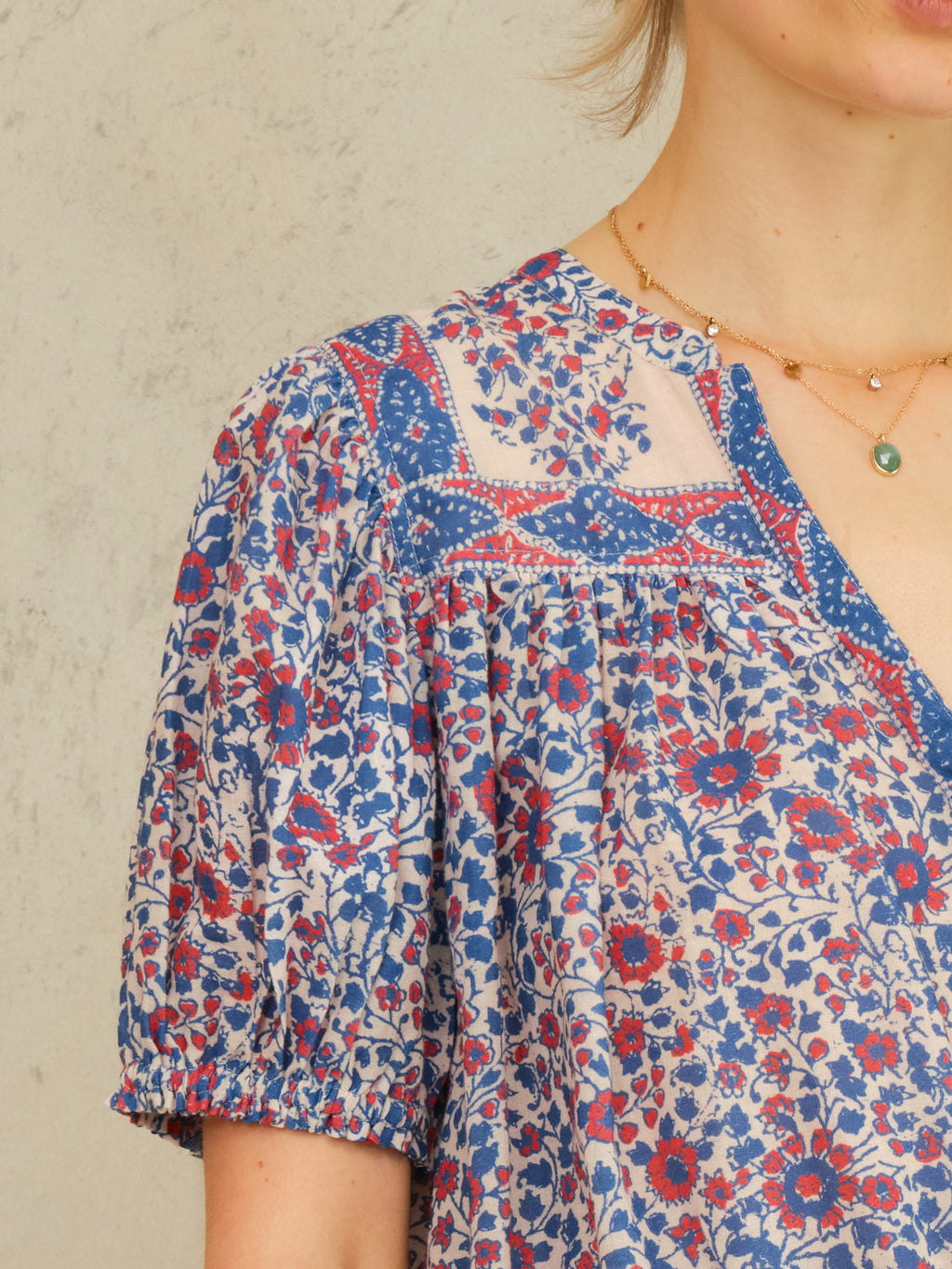 M.A.B.E Della Print Short Sleeve Top - Blue & Pink