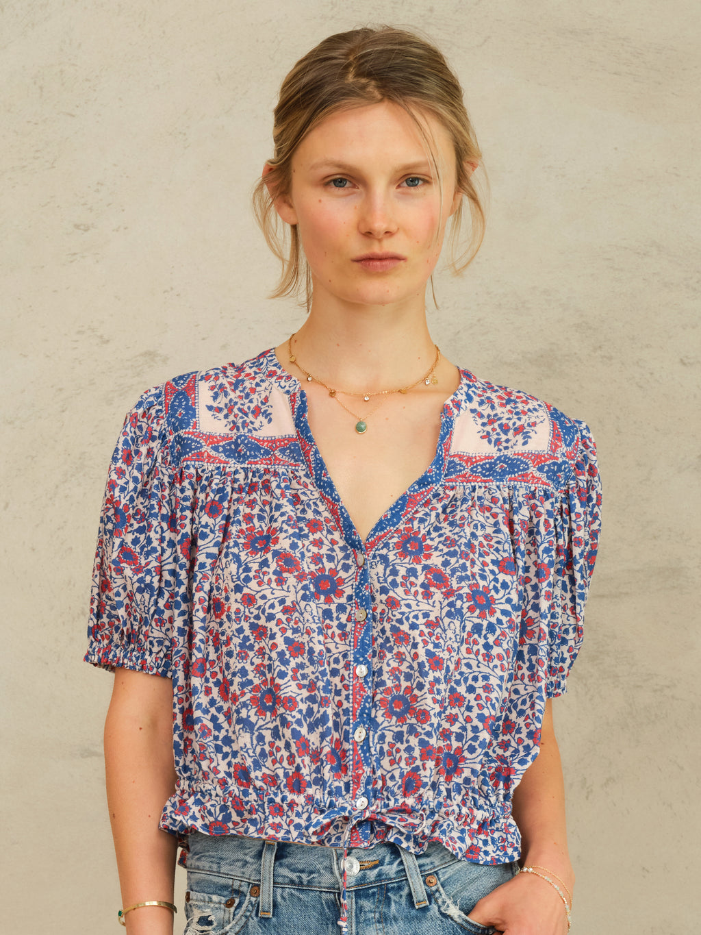 M.A.B.E Della Print Short Sleeve Top - Blue & Pink