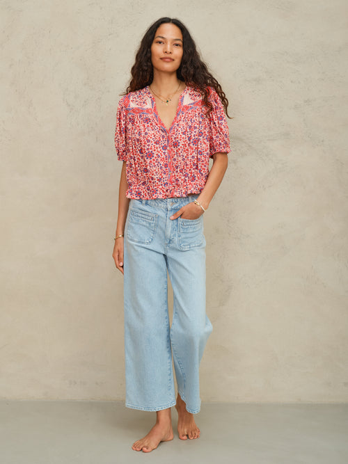 M.A.B.E Della Print Short Sleeve Top - Red