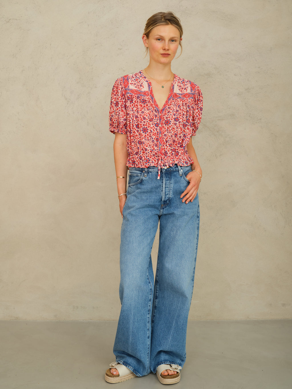 M.A.B.E Della Print Short Sleeve Top - Red