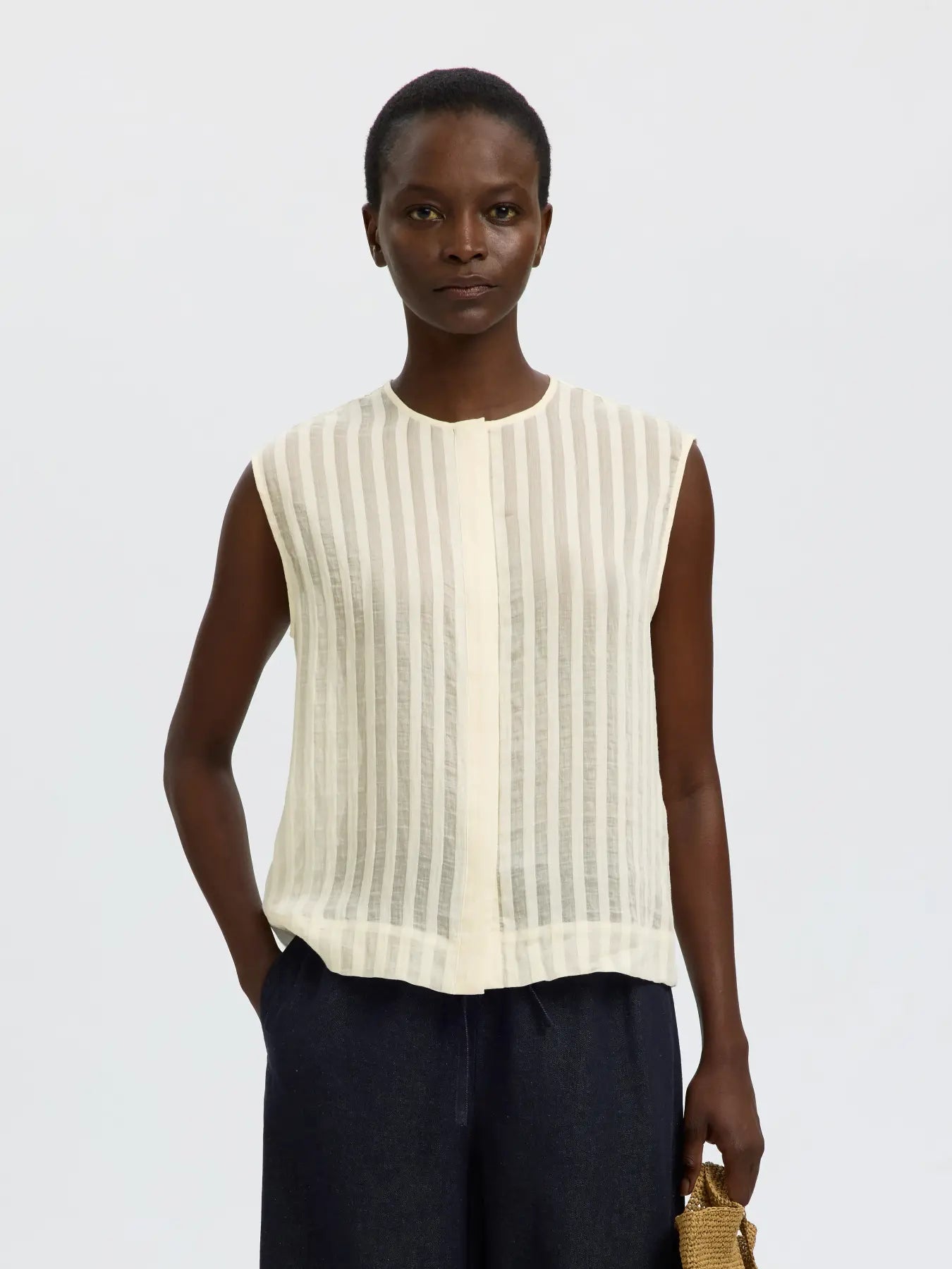 Selected Toran Sheer Striped Blouse - Egret