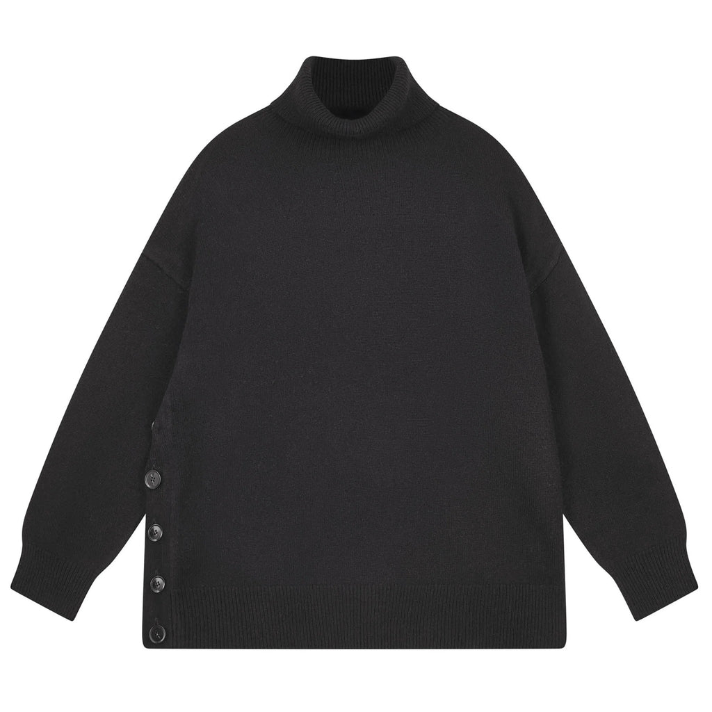 Jumper 1234 Cashmere Wool Boyfriend Button Roll Collar - Black