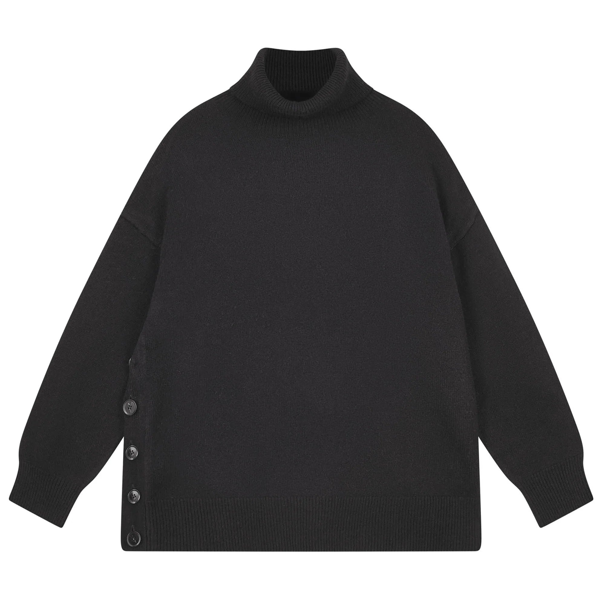 Jumper 1234 Cashmere Wool Boyfriend Button Roll Collar - Black