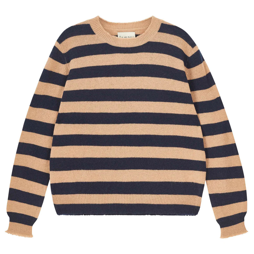 Cashmere Stripe Distressed Crew - Camel and Navy