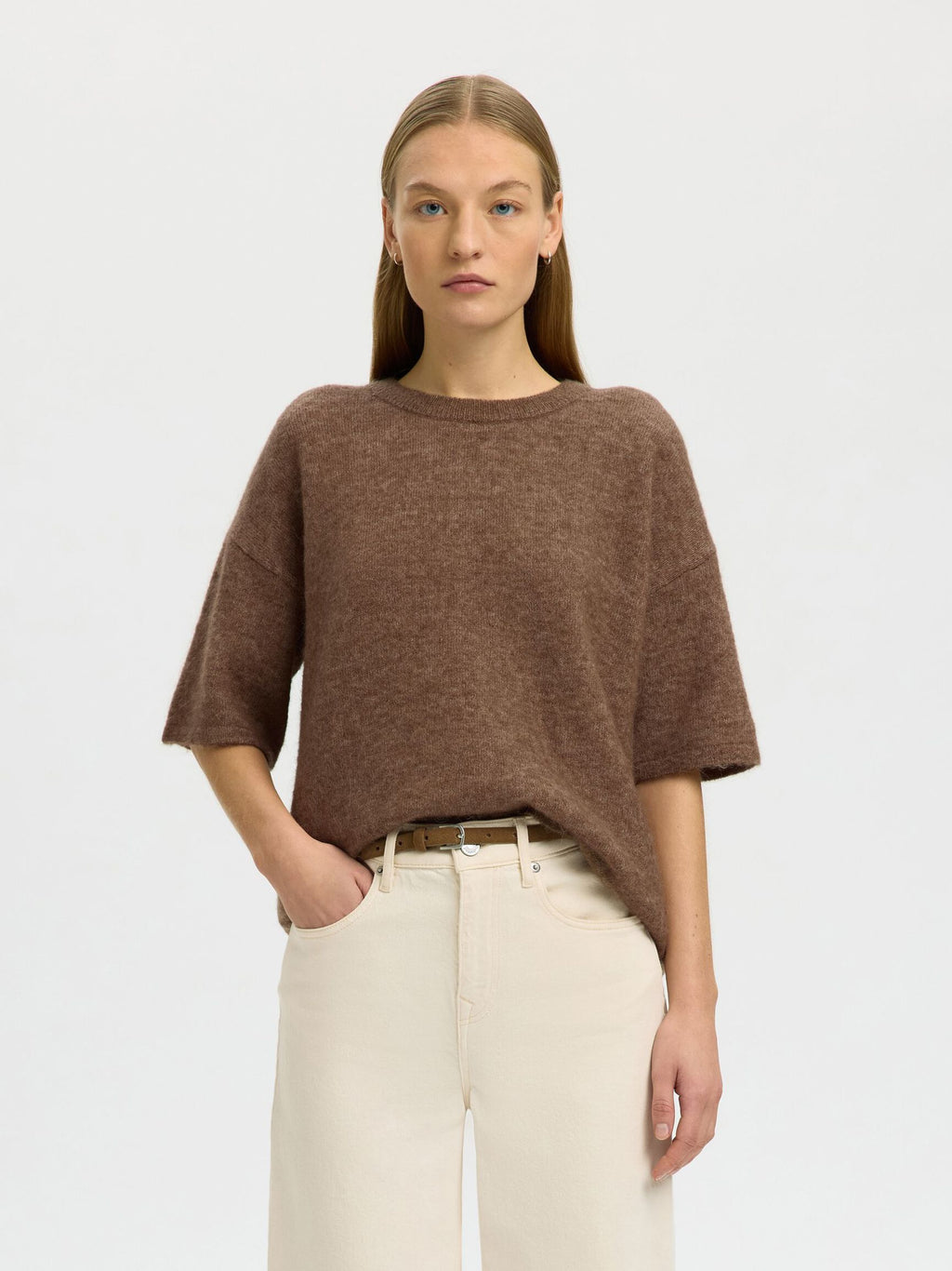 Selected Femme Lulu Short Sleeve Jumper - Chocolate Chip
