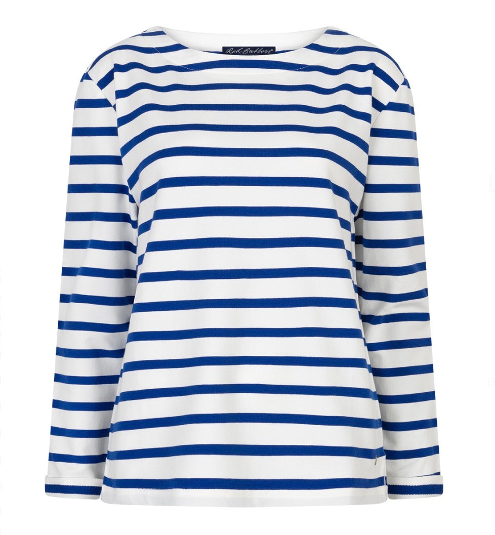 Red Button Terry Stripe Pullover - Dark Blue