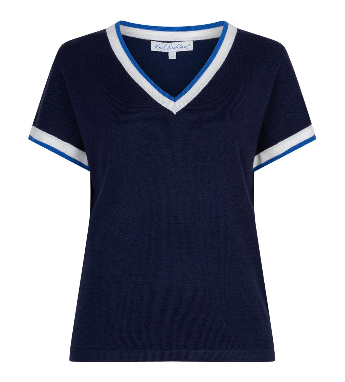 Red Button Jerry V-Neck Top - Dark Blue
