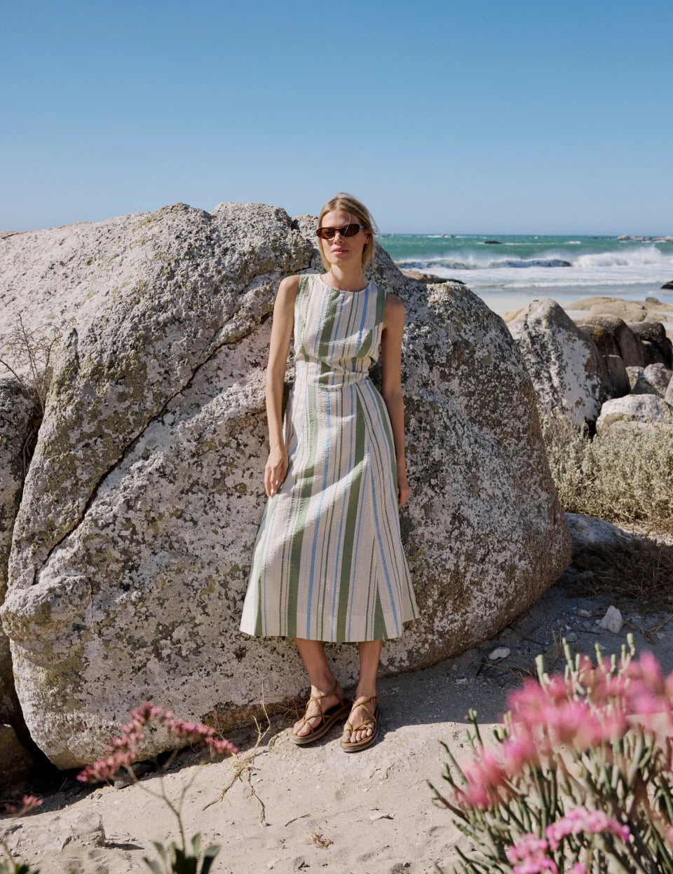 Nobody's Child Cedar Midi Dress - Green & Blue Striped