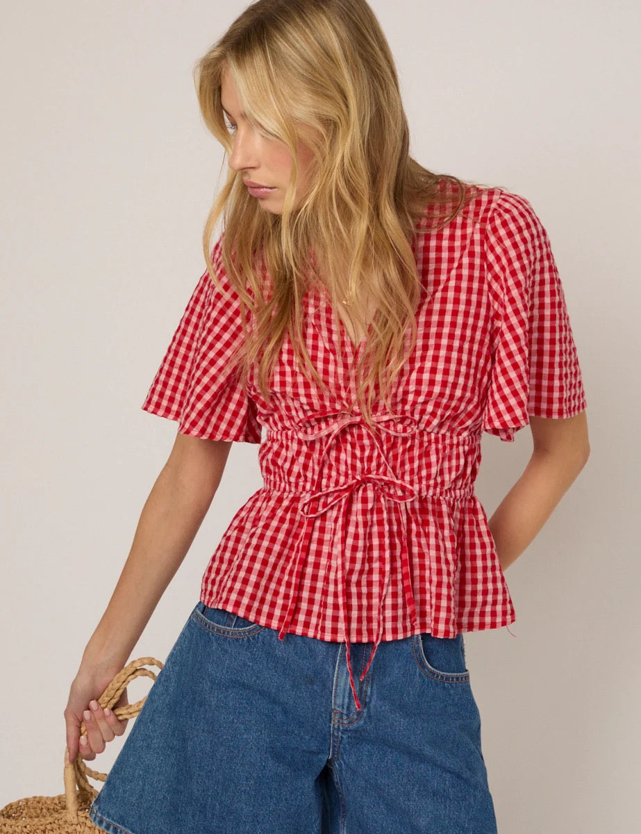 Nobody's Child V Neck Gingham Cordelia Top - Red