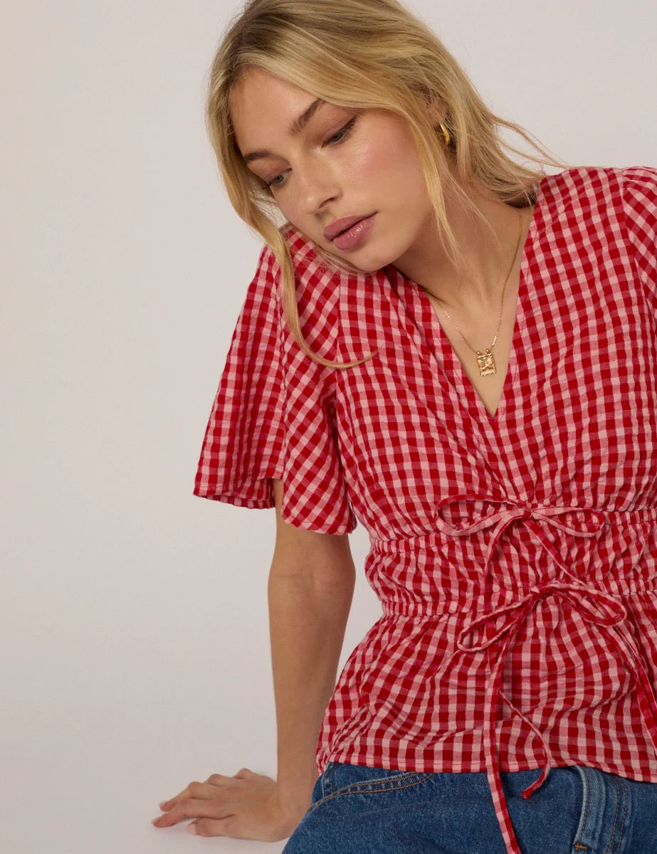 Nobody's Child V Neck Gingham Cordelia Top - Red