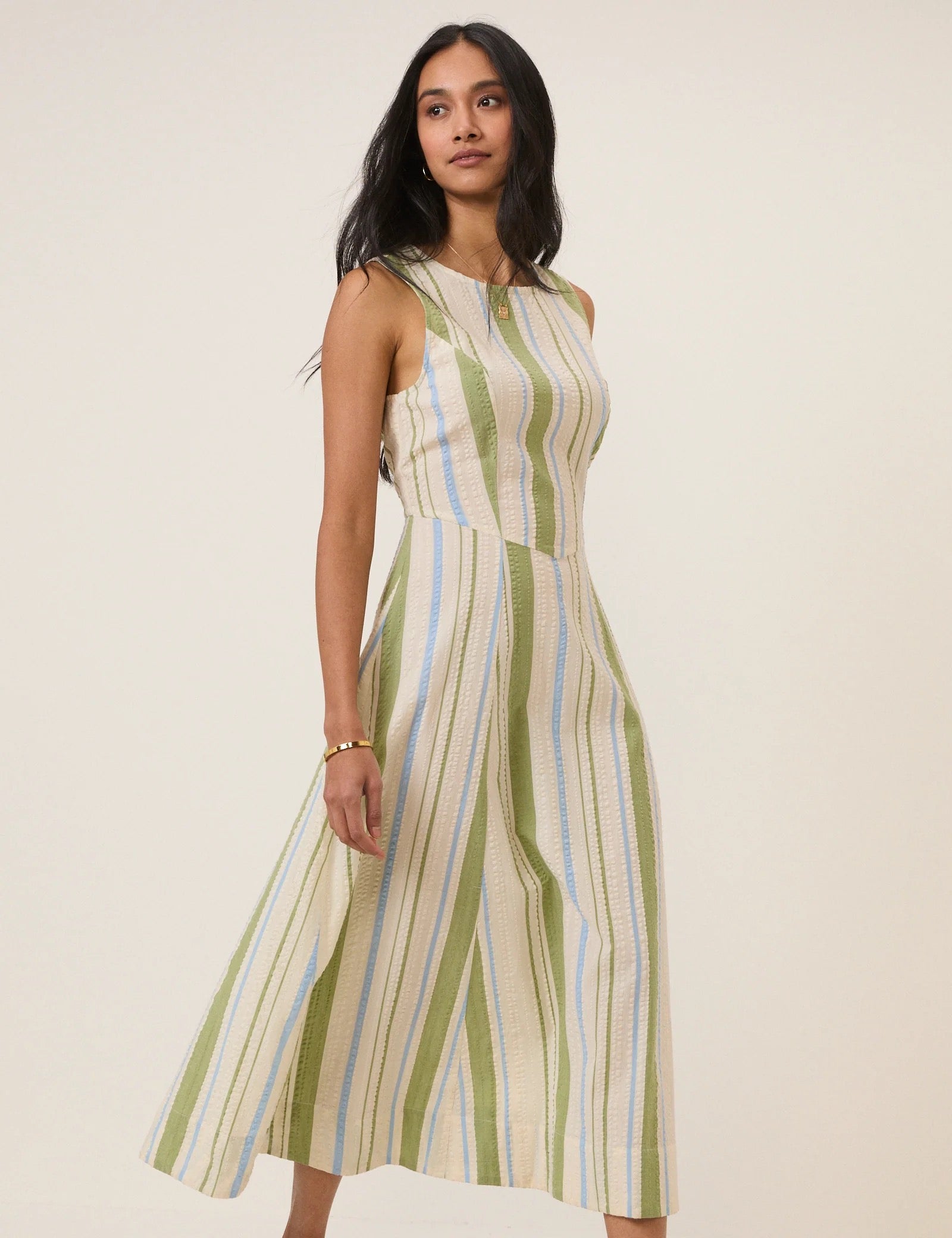 Nobody's Child Cedar Midi Dress - Green & Blue Striped