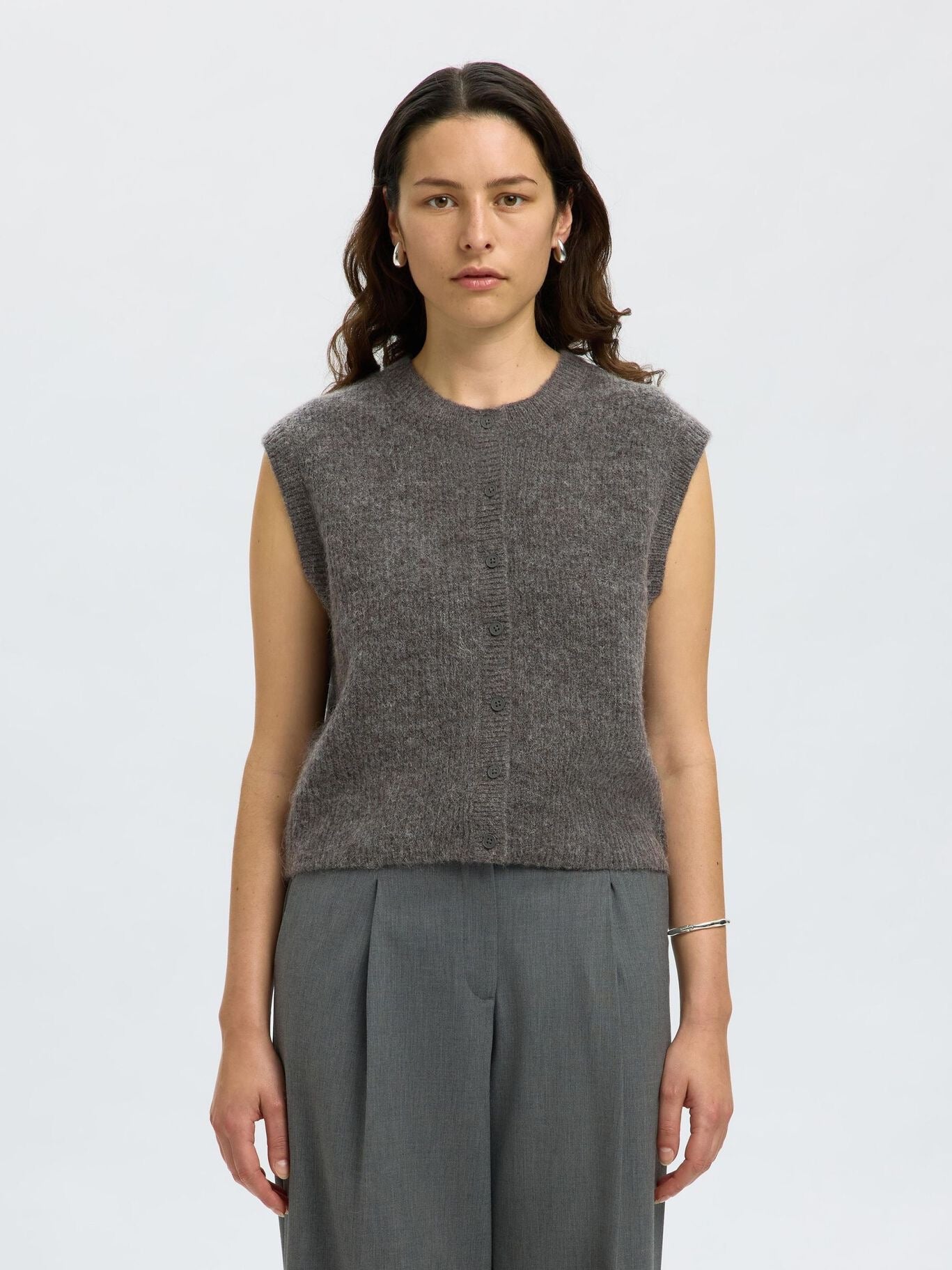 Selected Femme Lulu Button O-Neck Vest - Grey