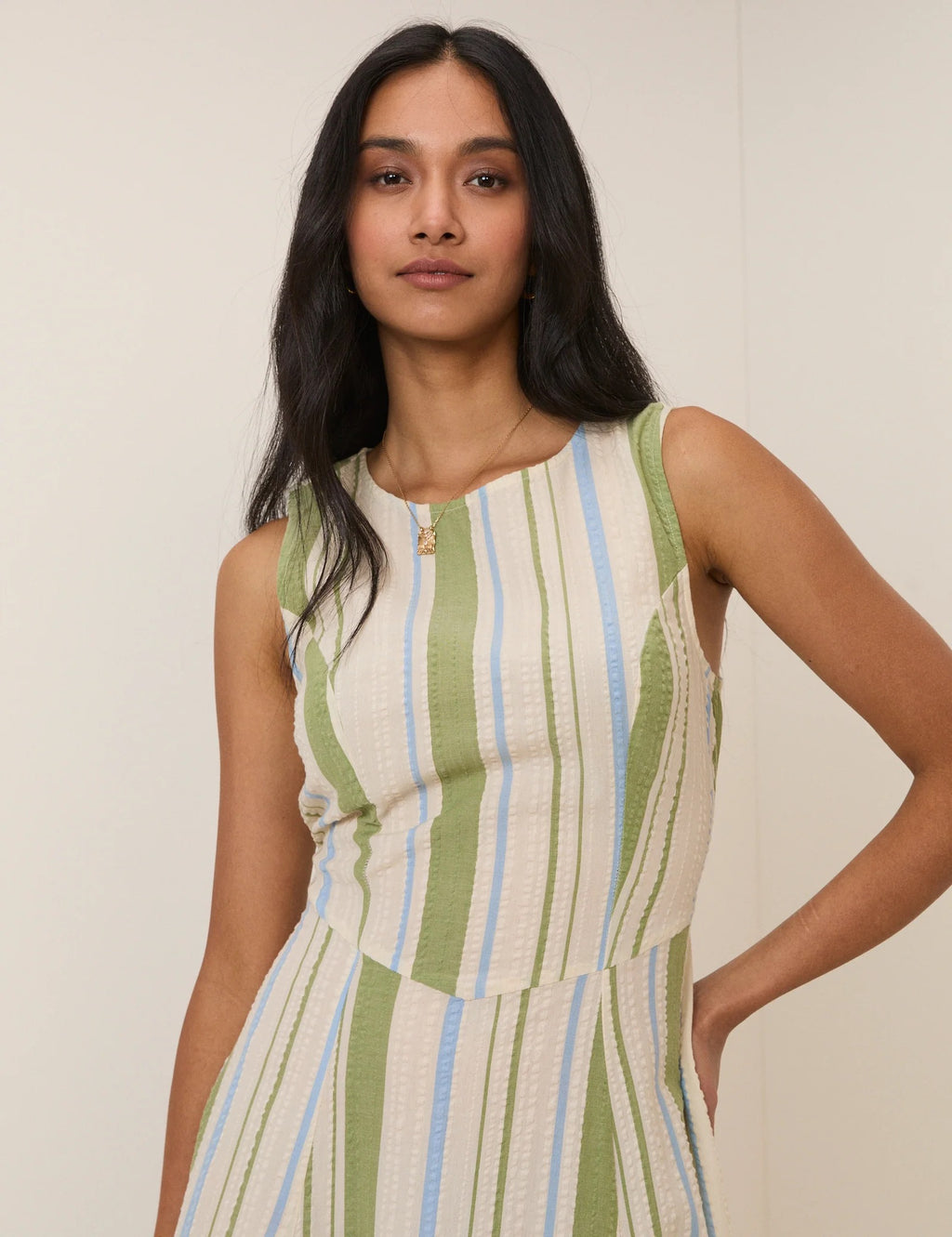 Nobody's Child Cedar Midi Dress - Green & Blue Striped
