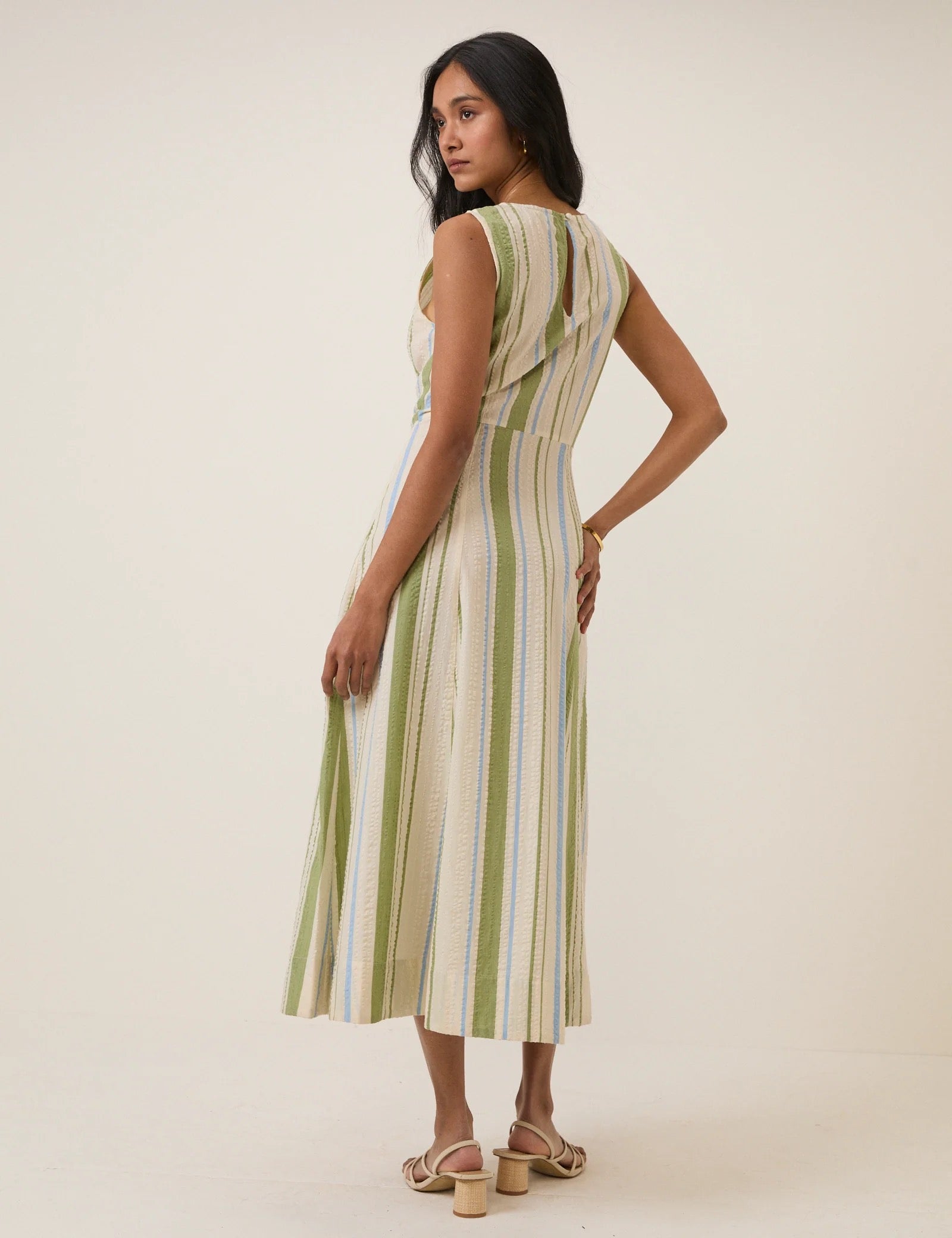Nobody's Child Cedar Midi Dress - Green & Blue Striped