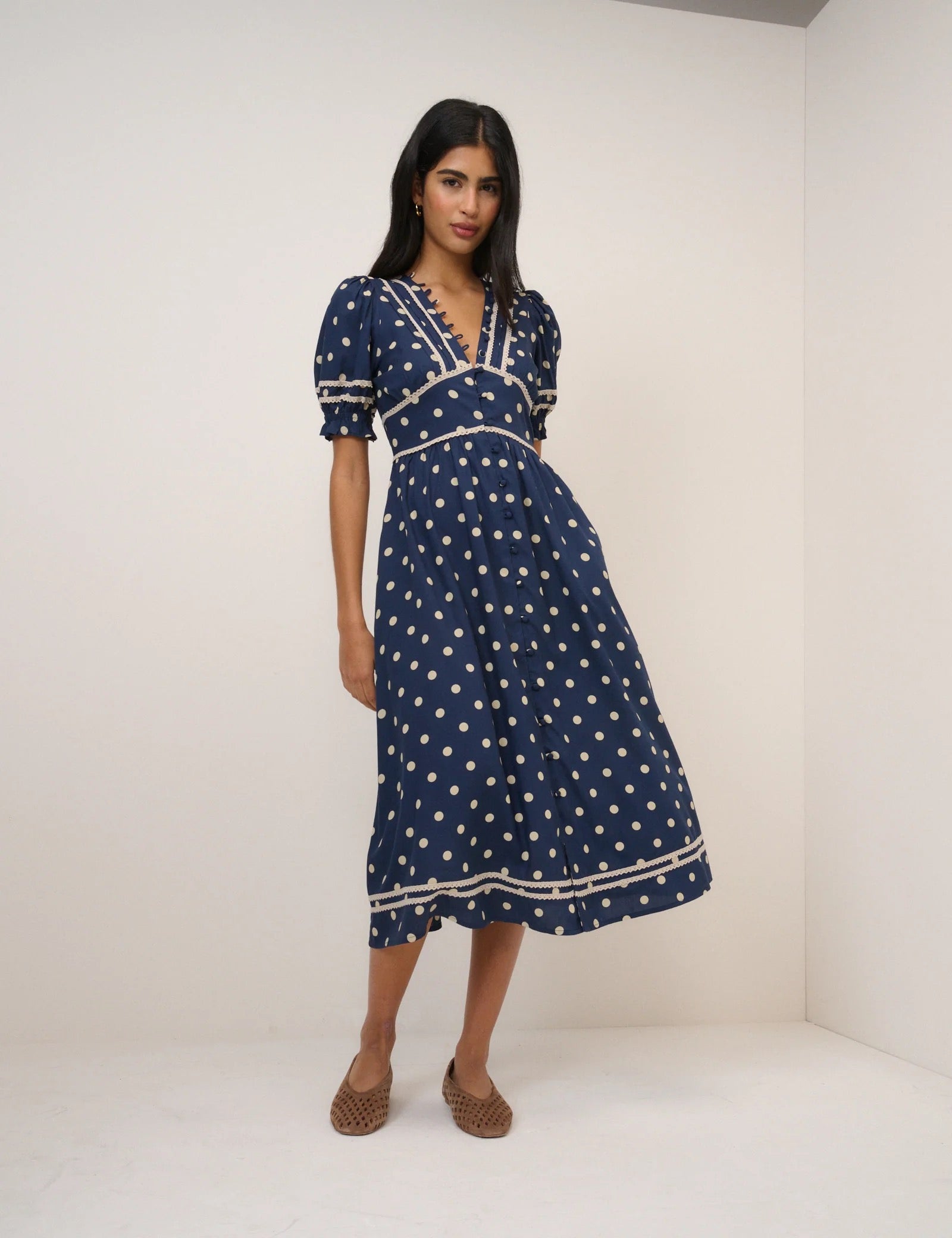 Nobody's Child Saffy Midi Tea Dress - Navy Polka Dot