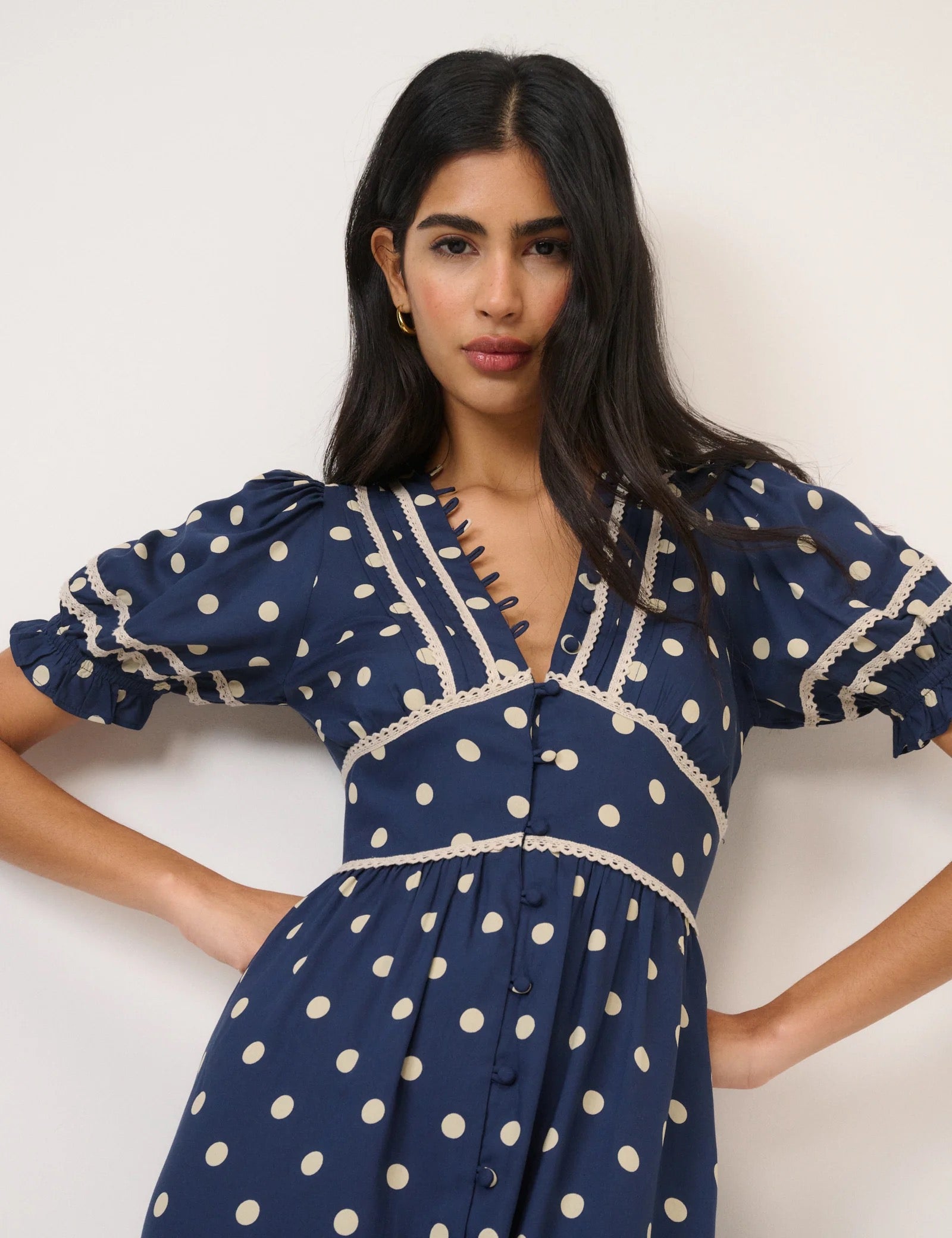 Nobody's Child Saffy Midi Tea Dress - Navy Polka Dot