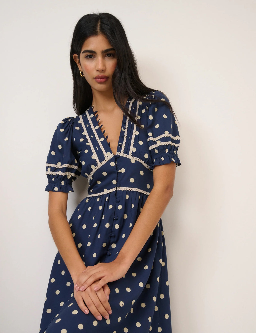 Nobody's Child Saffy Midi Tea Dress - Navy Polka Dot