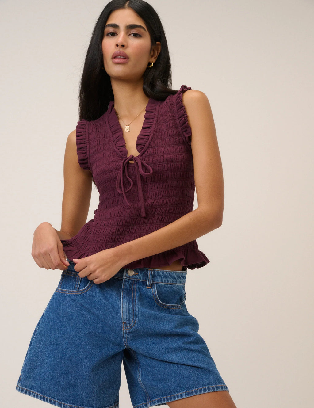 Nobody's Child Aven V Neck Shirred Top - Purple