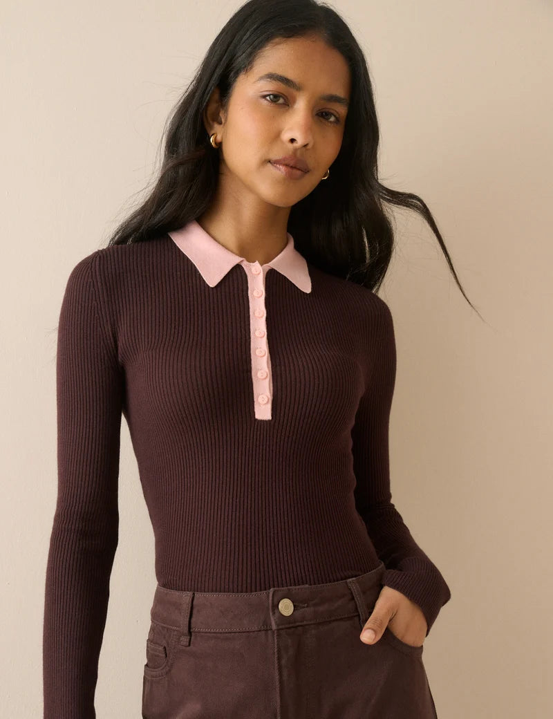 Nobody's Child Collar Rib Polo - Brown