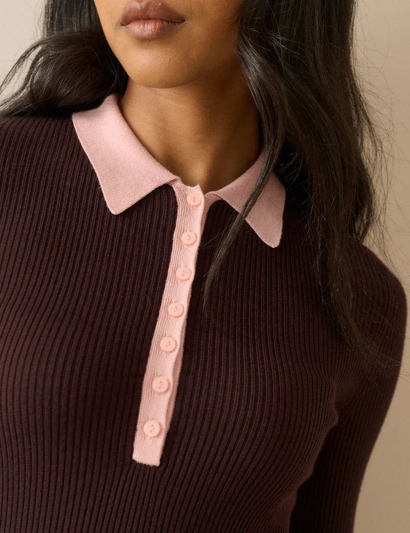 Nobody's Child Collar Rib Polo - Brown