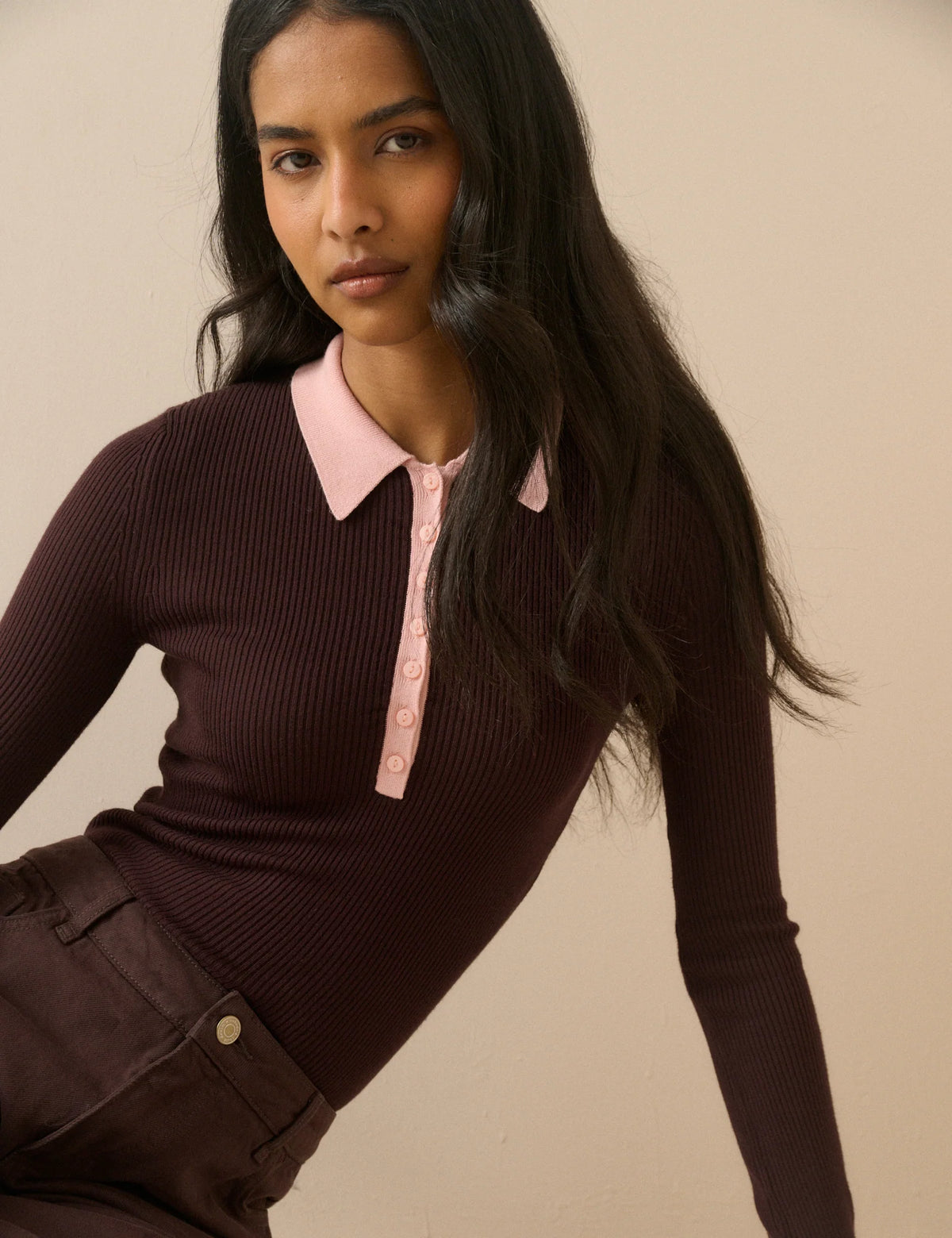 Nobody's Child Collar Rib Polo - Brown