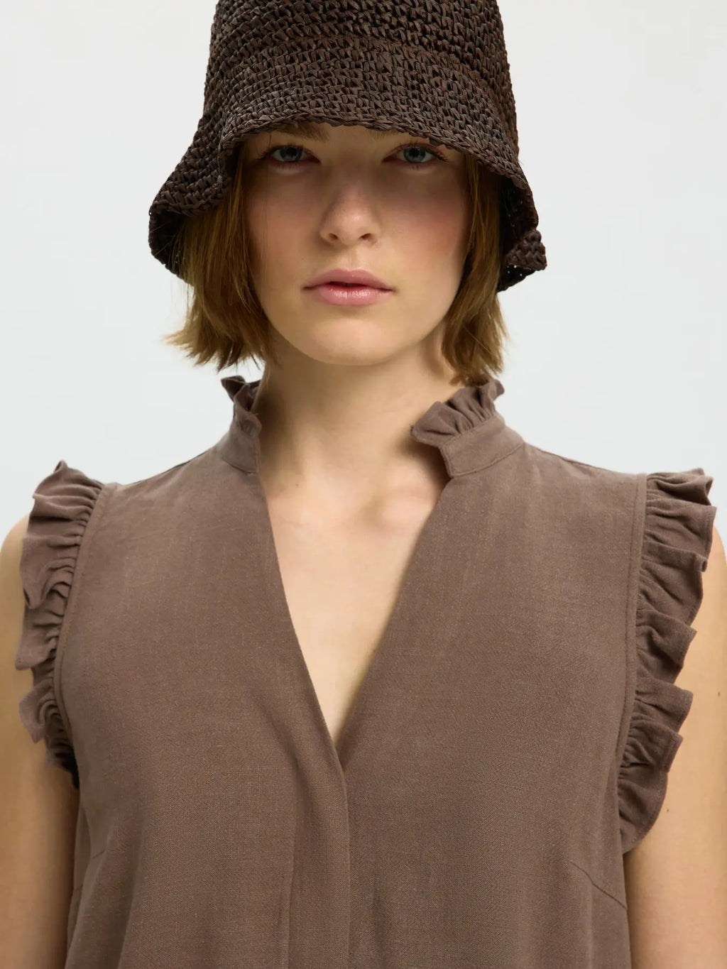 Selected Femme Viva Ruffle Top - Brown