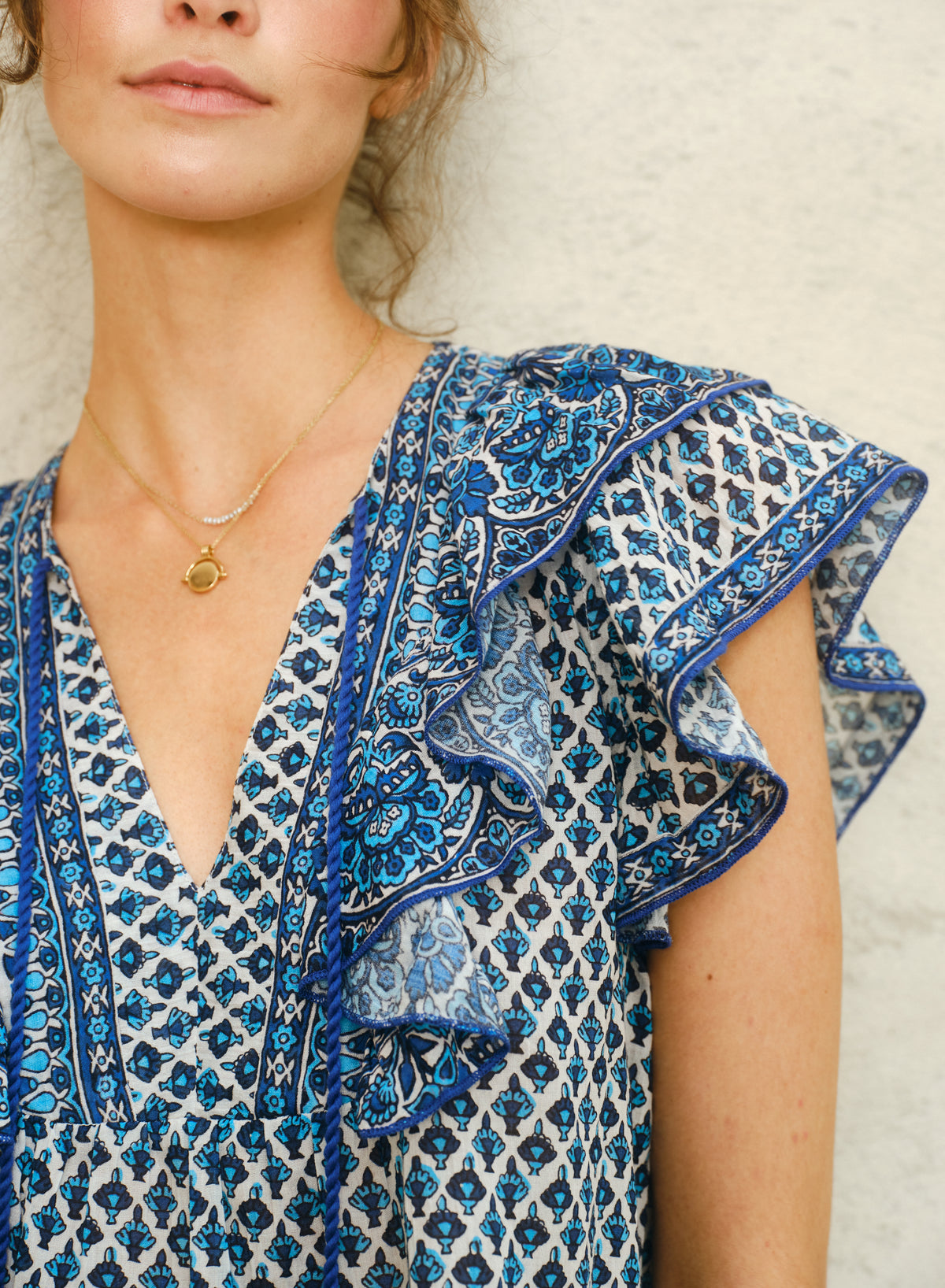 M.A.B.E Viti Print Frill Top - Blue