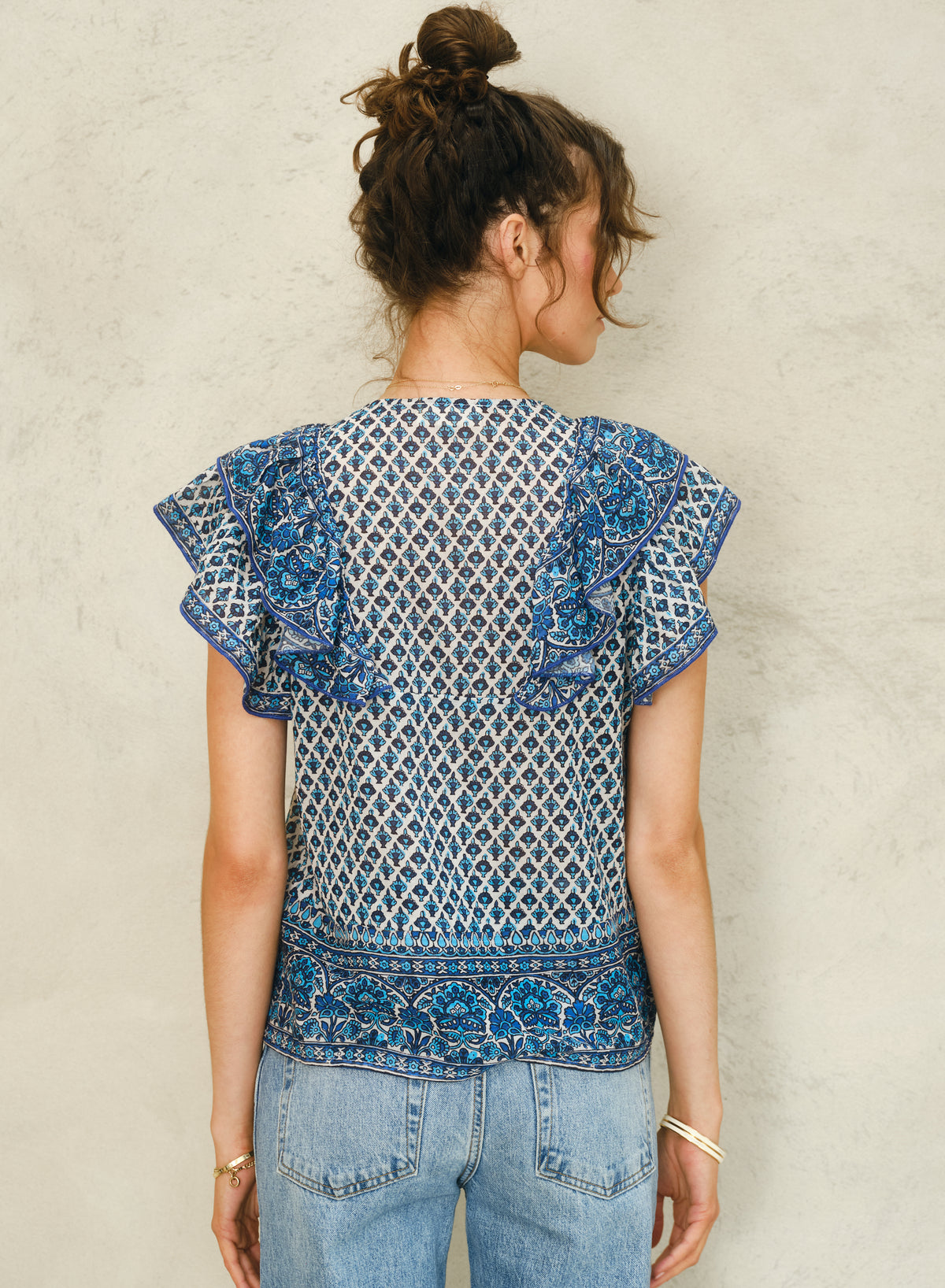 M.A.B.E Viti Print Frill Top - Blue