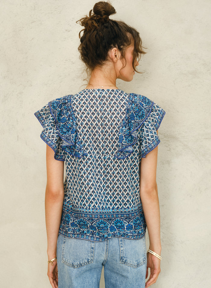 M.A.B.E Viti Print Frill Top - Blue