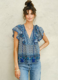 M.A.B.E Viti Print Frill Top - Blue