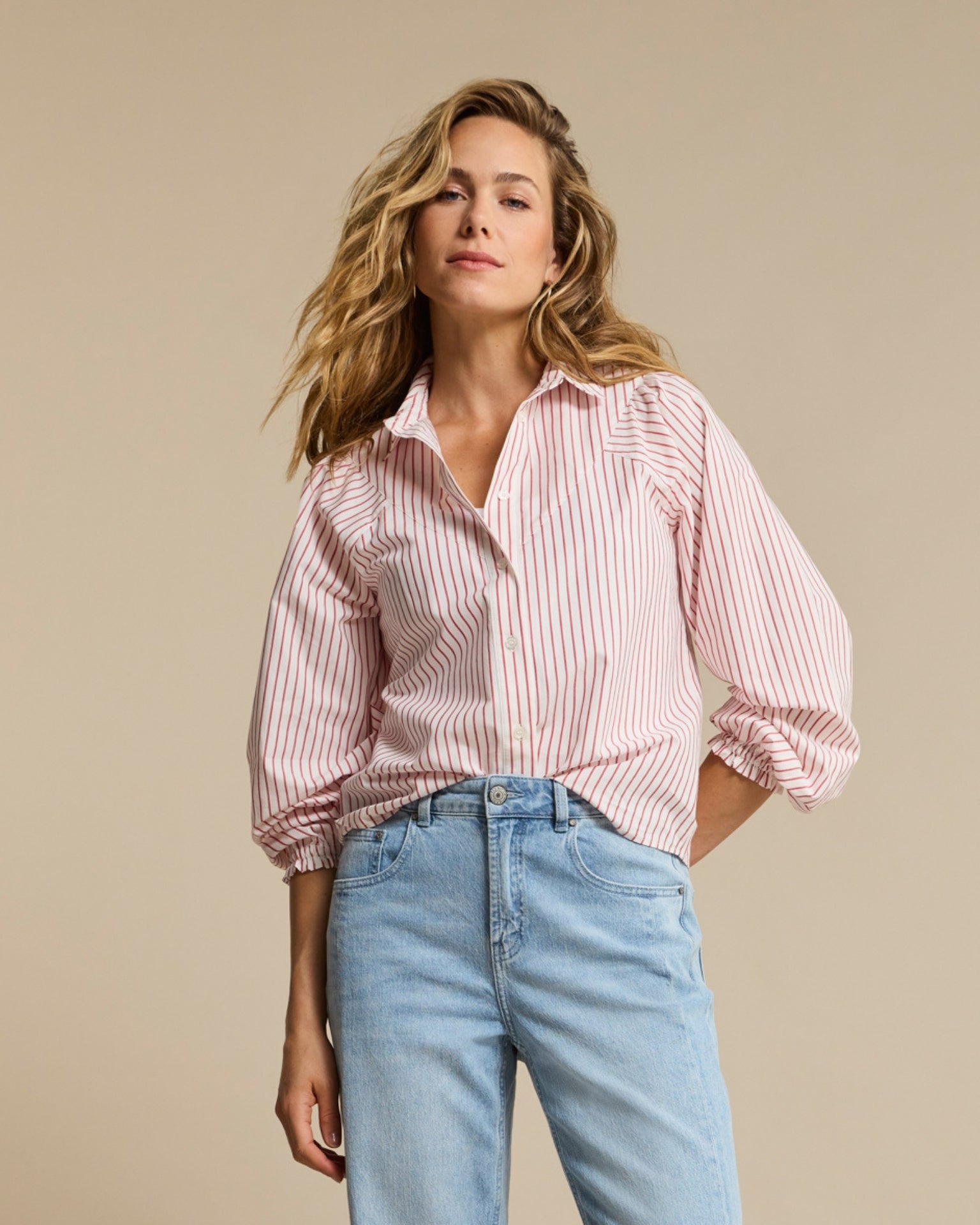Red Button Victoria Poplin Stripe Shirt - Red