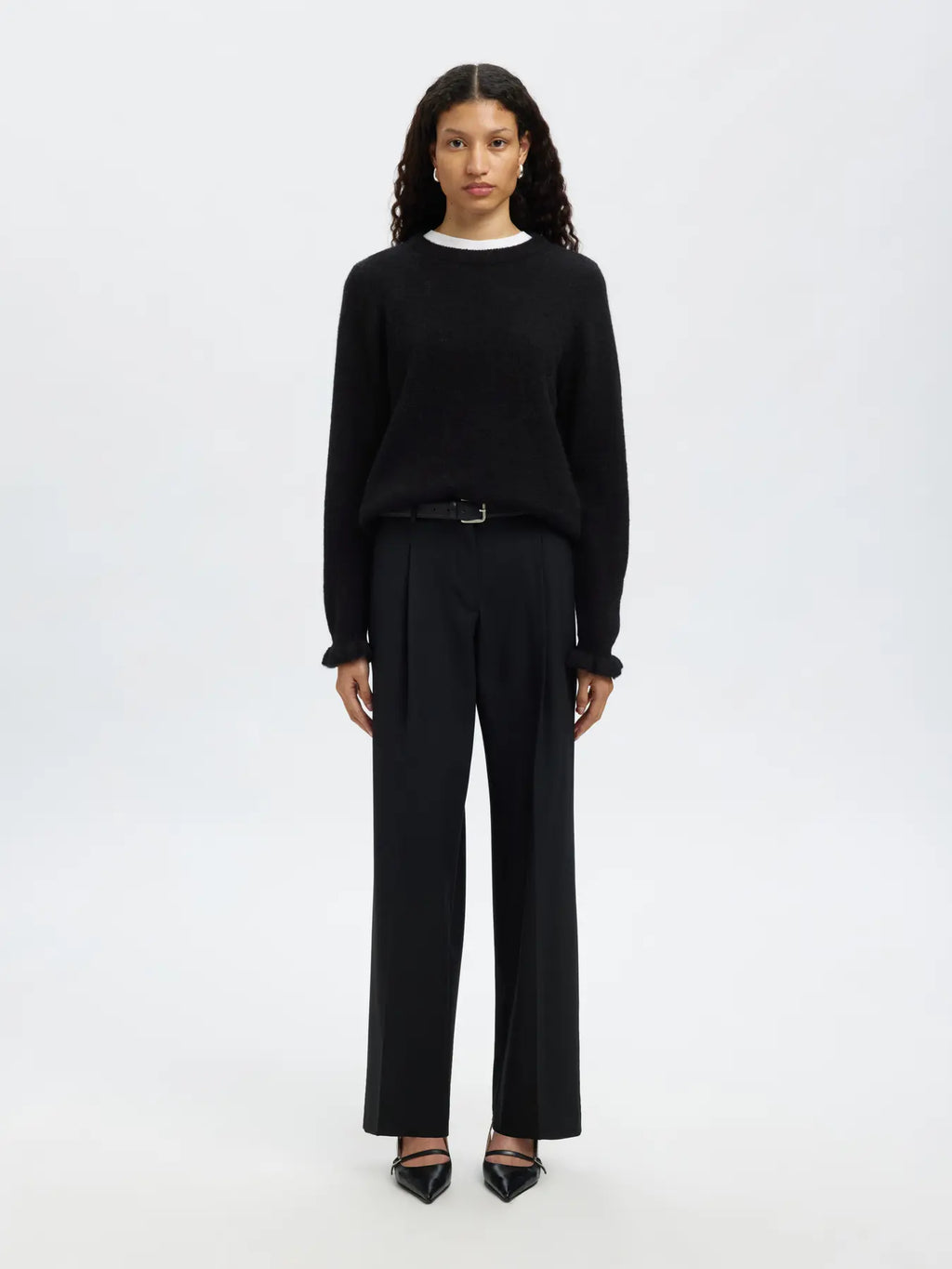 Selected Femme Lulu Frill Cuff Jumper - Black