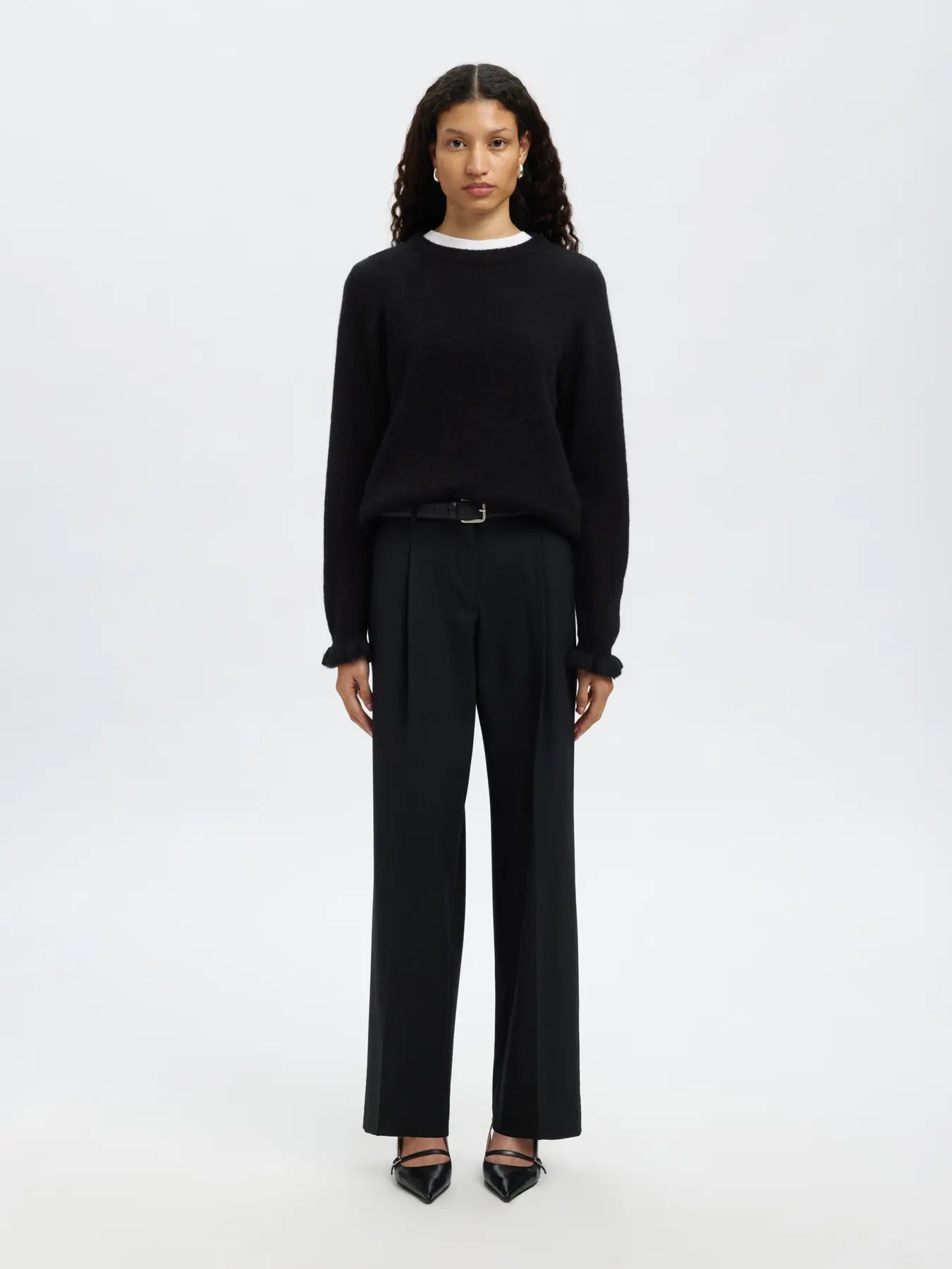 Selected Femme Lulu Frill Cuff Jumper - Black